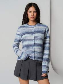 SHEIN TRNDY 1pc Women's Cardigan, Multi-Color, Casual, Round Neck, Asymmetrical Striped, Long Sleeve, Knitted, Suitable For Autumn/Winter