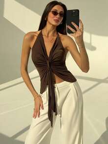 Aloruh 全新棕色音乐节性感露背细肩带深 V 领系带女式背心 - 棕色 - 查看 6