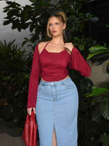 Arliah Women's Casual Solid Color Ruched Halter Flare Sleeve T-Shirt - Burgundy - View 3