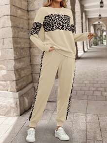 EMERY ROSE Women's Long Sleeve Leopard Print Patchwork Sweatshirt And Long Sweatpants Winter Sets Two Pieces Set Women - Apricot - View 3