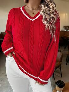 EMERY ROSE Plus Size Women Red & White Striped Knit Sweater, Casual Pullover Sweater Suitable For Christmas, Halloween, Back To School Season, Autumn/Winter