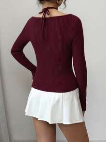 Zielony Women's Fashionable Sexy Solid Color Ribbed Long Sleeve Sweater, Autumn/Winter - Burgundy - View 2