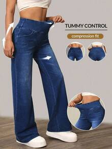 SHEIN Tall Women's Solid Color Minimalist Everyday Tummy Control Knit Denim Pants - Dark Wash - View 1