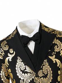 SHEIN 3pcs/Set Teenager Gentleman Suit, Black & Gold Color Block Slim Fit Formal Outfit, Includes Blazer Jacket + Vest + Trousers, Elegant & Casual Personalized Suit Set Suitable For Piano/Violin Performance, Wedding, Graduation Ceremony, Birthday Party, Evening Event, Presentation, Wedding Season, Halloween, Christmas, Autumn/Winter - Black - View 7