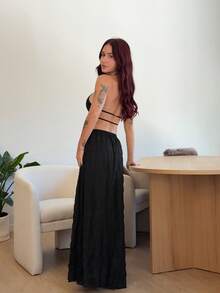 Abrilcols 低腰抽绳飘逸长裙海滩罩衫度假春夏优雅性感伊比沙岛适合春夏波西米亚风黑色 - 黑色 - 查看 4