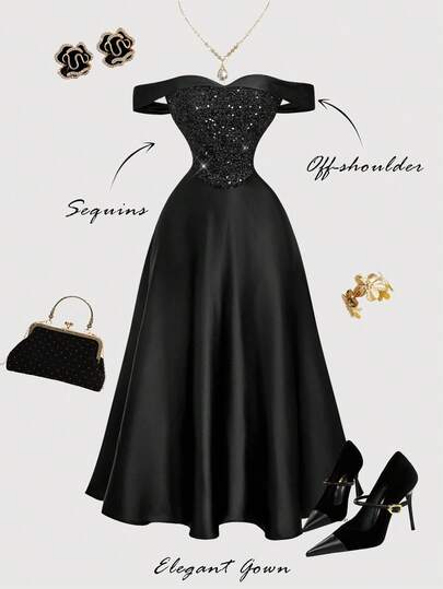 SHEIN MOD Black Sequin Off Shoulder Long Dress, Winter Dress, Party Dress, Elegant Dresses, Formal Dress, Prom Dress, Sequin Dress, Women's Corset Dress, Wedding,Elegant Dresses,Wedding Guest Dress For Women, Spring/Summer Outfits, Formal Dress