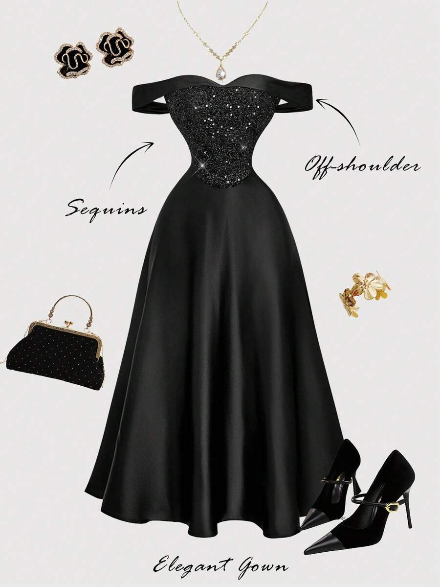 SHEIN MOD Đầm dài trễ vai đính sequin đen, đầm mùa đông, đầm mùa thu cho nữ, đầm, đầm dự tiệc, đầm thanh lịch, đầm dạ hội, đầm đính sequin, đầm corset nữ, trang phục Lễ Tạ ơn, đầm, thanh lịch, đầm đính sequin - màu đen - Xem 1