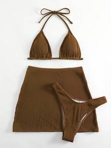 Bonvoyette Women's Summer Beach Solid Color Halter Tie Sexy Bikini Swimwear Set With Cover-Up Skirt, 3 Pieces Set - Coffee Brown - View 4