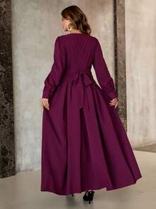 Roveilla Plus Size Women Long Sleeve Chiffon Round Neck Waist Cinched Flared Hem Sequin Ribbon Mesh Overlay Dress, Party - Red Violet - View 2