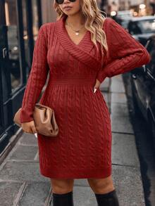 SHEIN LUNE Plus Size Women Solid Color Knitted V-Neck Button Fitted Bodycon Commuter Elegant Formal Pullover Sweater Dress, Autumn/Winter