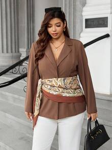 Easura Plus Size Women's Autumn Fashionable Lapel Scarf Belt Waist Tie High-End Lightweight Luxury Blazer - Khaki - View 3