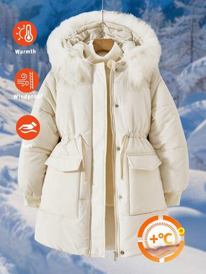 Girls'Padded Coatt, Casual & Versatile, Hooded With Fur Collar Long Sleeve, Drawstring Waist, 2 Pockets, Ribbed Cuffs, Suitable For School, Commute, Leisure In Autumn/Winter, Can Be Paired With Pants, Sweatpants, Hoodies, T-Shirts, Sweaters