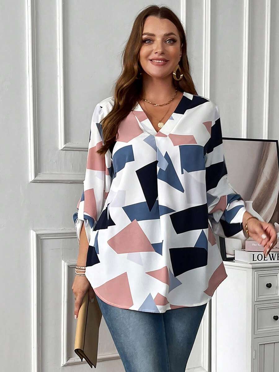 EMERY ROSE Plus Geo Print Roll Tab Sleeve Blouse - Multicolor - View 1