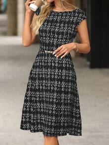 Editum 女士优雅黑色针织腰部修身喇叭迷你连衣裙 - 黑與白 - 查看 4