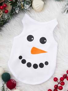 PETSIN 1 pieza Camiseta de tirantes para mascotas con estampado de muñeco de nieve navideño, ropa para mascotas blanca y transpirable - Blanco - Ver 1