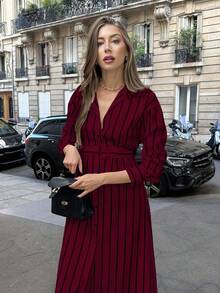 Pariaura Váy sơ mi dài họa tiết sọc đơn hàng khuy đơn dành cho nữ, mùa xuân/thu - Màu Đỏ Sâu - Xem 3