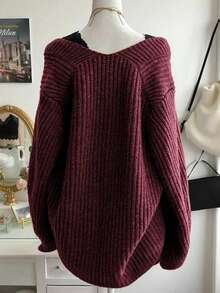 EMERY ROSE Plus Size Casual Dropped Shoulder Loose V-Neck Ribbed Knit Sweater, Autumn/Winter