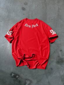 Manfinity EMRG Men's Casual Loose Fit Numeric & Letter Print Drop Shoulder T-Shirt, Fashionable Street Style, Summer - Red - View 3