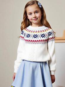 PrepCrw 1 szt. Elegancki sweter dla nastolatek w stylu college'u, w swobodnym, miejskim, białym kolorze Fair Isle, z długim rękawem i okrągłym dekoltem, odpowiedni na wyjścia, spotkania, powrót do szkoły, jesień/zima