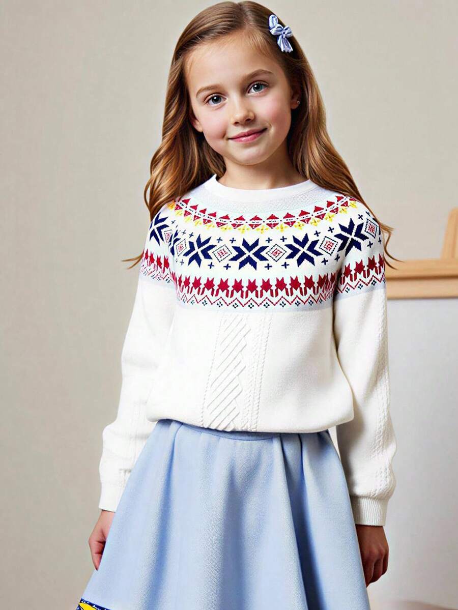 PrepCrw 1 szt. Elegancki sweter dla nastolatek w stylu college'u, w swobodnym, miejskim, białym kolorze Fair Isle, z długim rękawem i okrągłym dekoltem, odpowiedni na wyjścia, spotkania, powrót do szkoły, jesień/zima