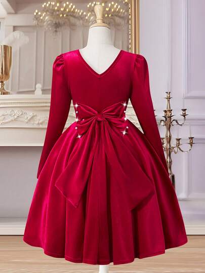 Glamorique Kids 女童长袖天鹅绒圣诞连衣裙，酒红色，中长款，蝴蝶结和珍珠装饰，优雅适合圣诞派对，舒适时尚