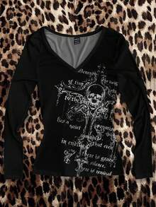 Attitoon 女式休闲复古 V 领修身长袖 T 恤，复古，适合 Y2K，垃圾摇滚，十字印花 - 白色 - 查看 5