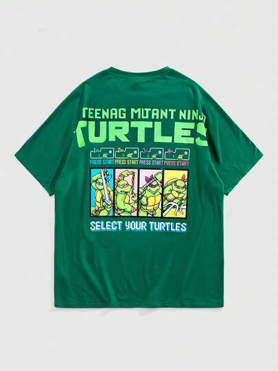 TEENAGE MUTANT NINJA TURTLES X ROMWE Men's Casual Cartoon Turtle Print Short Sleeve T-Shirt, Summer