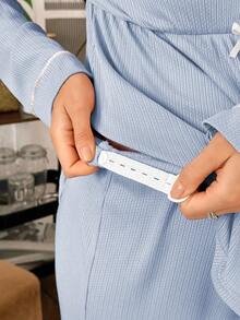 Moonlight&Mama 2件套孕妇撞色刺绣饰边V领弹力腰休闲长袖上衣和裤子睡衣套装，冬季 - 藍色 - 查看 7