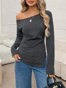 Easowa Asymmetric Shoulder Pleated Waist Long Sleeve T-Shirt, Casual Loose Elegant Commuter Style For Women, Autumn/Winter - Grey - View 1