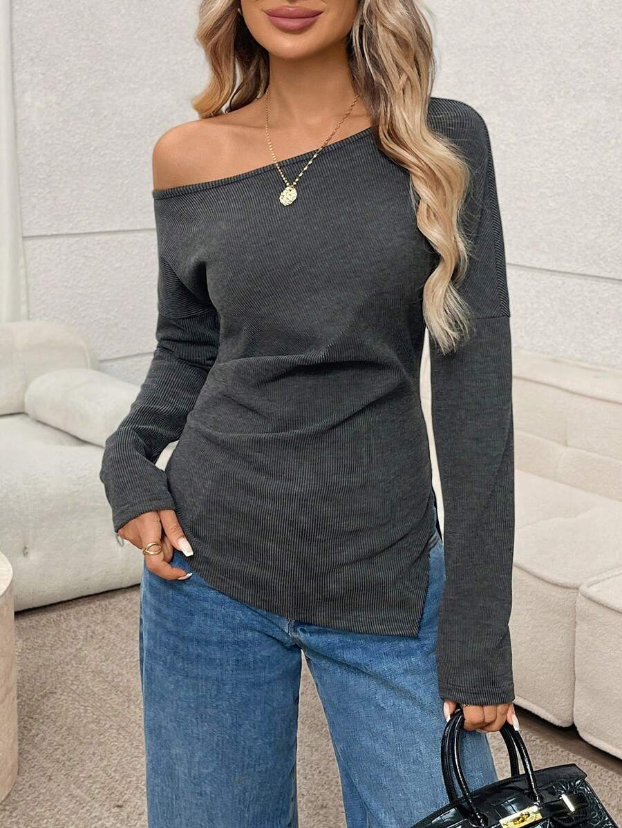 Easowa Asymmetric Shoulder Pleated Waist Long Sleeve T-Shirt, Casual Loose Elegant Commuter Style For Women, Autumn/Winter - Grey - View 1