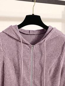 Franclia 秋季女士休闲罗纹拉链连帽衫和裤子两件套 - 紅木色 - 查看 3