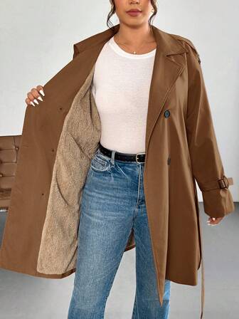 Firerie 大码优雅休闲通勤卡其色风衣/大码女士保暖内衬风衣，长袖秋冬外套