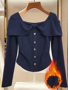 GlowEve 女式荷叶边领长袖修身衬衫 - 藏蓝色 - 查看 1