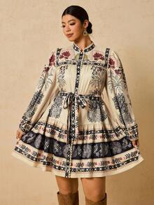 Travachic Damen Große Größen Kleid mit Langarm und Muster, Spitzenkragen, Taille mit Bindeband, romantischer Landstil, Western Kleid für den Herbst