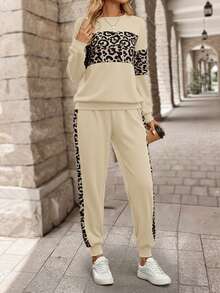 EMERY ROSE Women's Long Sleeve Leopard Print Patchwork Sweatshirt And Long Sweatpants Winter Sets Two Pieces Set Women - Apricot - View 6