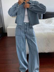 DAZY Women's Casual Collared Crop Top And Loose Fit Jeans Set