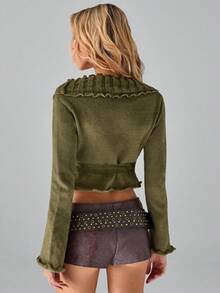 SHEIN TRNDY 1 Áo khoác cardigan cổ chữ V màu xanh ô liu dành cho nữ, thiết kế đa năng độc đáo với dây buộc chéo ở eo, tay chuông, thường ngày cho mùa thu/đông - Màu xanh Ô liu - Xem 2