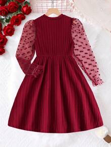 Vestito elegante vintage natalizio rosso in rete con maniche lunghe e vita stretta per ragazze pre-adolescenti, vestito a maniche lunghe con pois e costine rosse adatto per Ognissanti, Natale, Capodanno, primavera e autunno - Bordò - Visualizzare 2