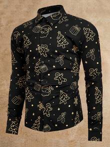 Manfinity VCAY Men's Long Sleeve Gingerbread Man All-Over Print Button-Front Casual Christmas Shirt Treaty Oak Revival - Black - View 8