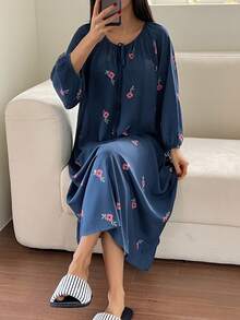 DAZY Blumenmuster Loose Damen Nachthemd mit Kordelzug Taille, Winter, Moo Moo Nachthemd