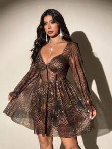 Viva Relle 大码女式性感V领长袖A字迷你紧身连衣裙，适合派对穿着 - 彩色 - 查看 3