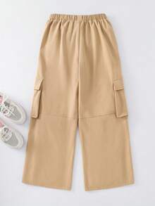 Pantalones rectos holgados de unicolor con bolsillo parche, versátiles y casuales para uso diario de niñas preadolescentes - Caqui - Ver 2