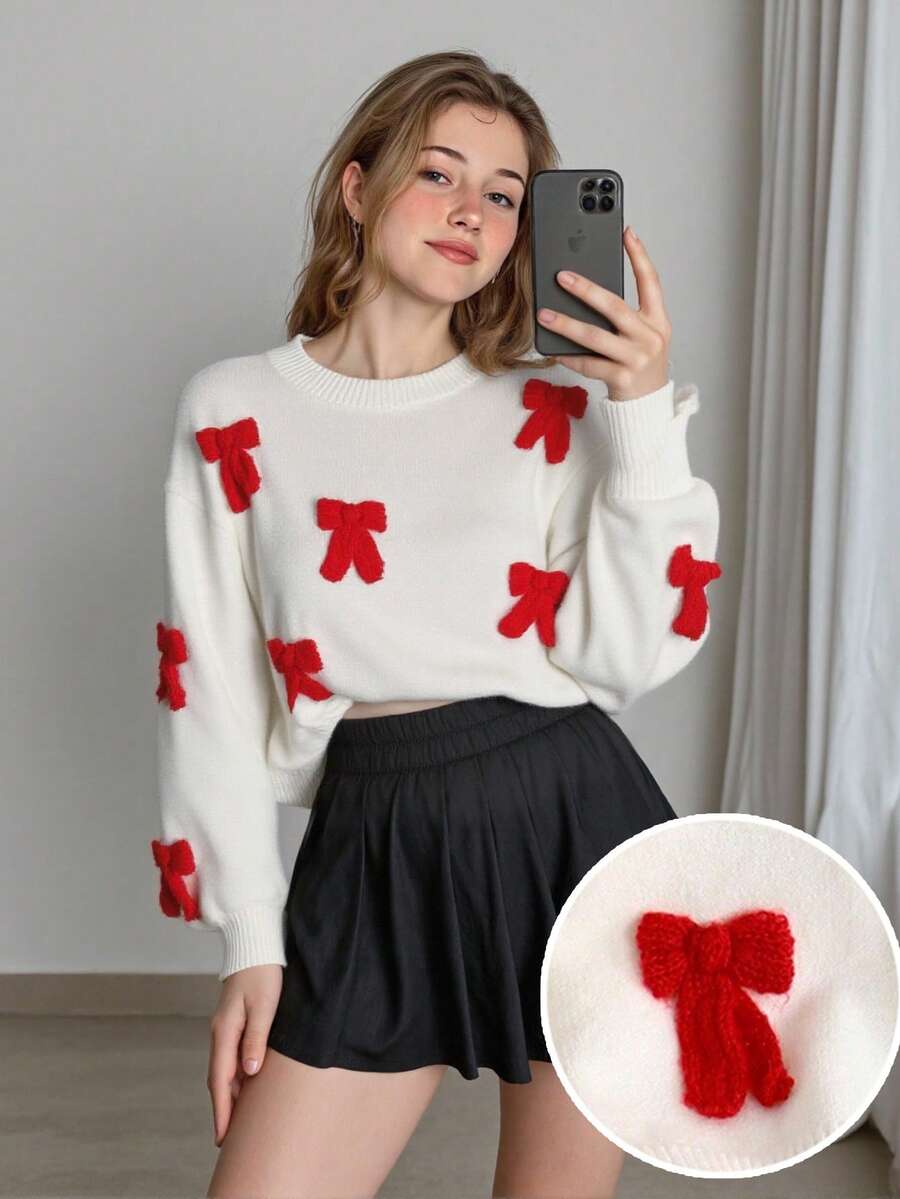 SHEIN 宽松休闲简约舒适圆领撞色蝴蝶结装饰开衫毛衣，适合少女秋冬装 ForGirln - 彩色 - 查看 1