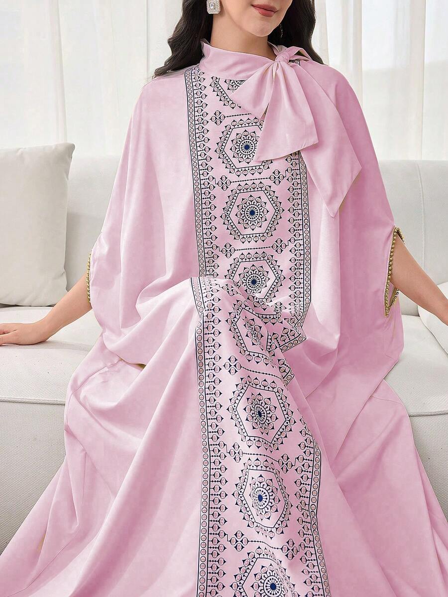 SHEIN Najma 女士拼接优雅领结宽松奢华连衣裙 - 淺粉色 - 查看 1