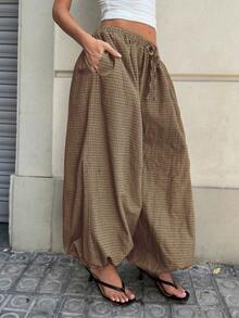 Siren Gaze 2025新款女士休闲格子抽绳腰宽松裤 - 女士秋季服装、女士秋冬穿搭。别致的波西米亚风哈伦阔腿裤，复古韵味，通勤、派对、外出、商务休闲及日常穿着皆宜。 - 棕色 - 查看 3