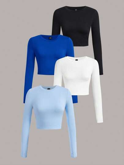 SHEIN Essnce 4pcs/Set Casual Solid Color Versatile Crew Neck Long Sleeve Cropped Fitted Women T-Shirts, Suitable For Spring/Summer