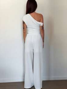 Abrilcols 女士纹理简约宽松阔腿白色裤子 - 白色 - 查看 2