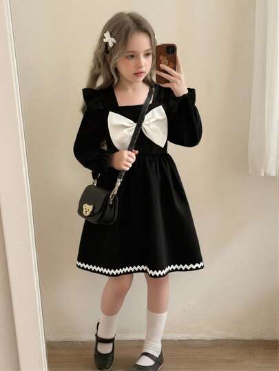Elladie kids 女童可爱时尚日常方领盖袖腰部收腰短裙，3D 蝴蝶结装饰和荷叶边下摆，黑白拼色，适合所有季节