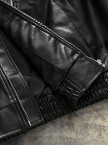 AXEPEAK Chaqueta casual de cuero sintético con cuello vuelto, manga larga y cremallera, unicolor, para otoño - Negro - Ver 6