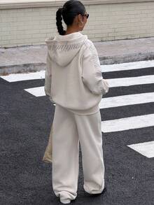 Muchica 卡其色女式连帽领口袋拉链长袖上衣和口袋长裤休闲两件套 - 卡其色 - 查看 2